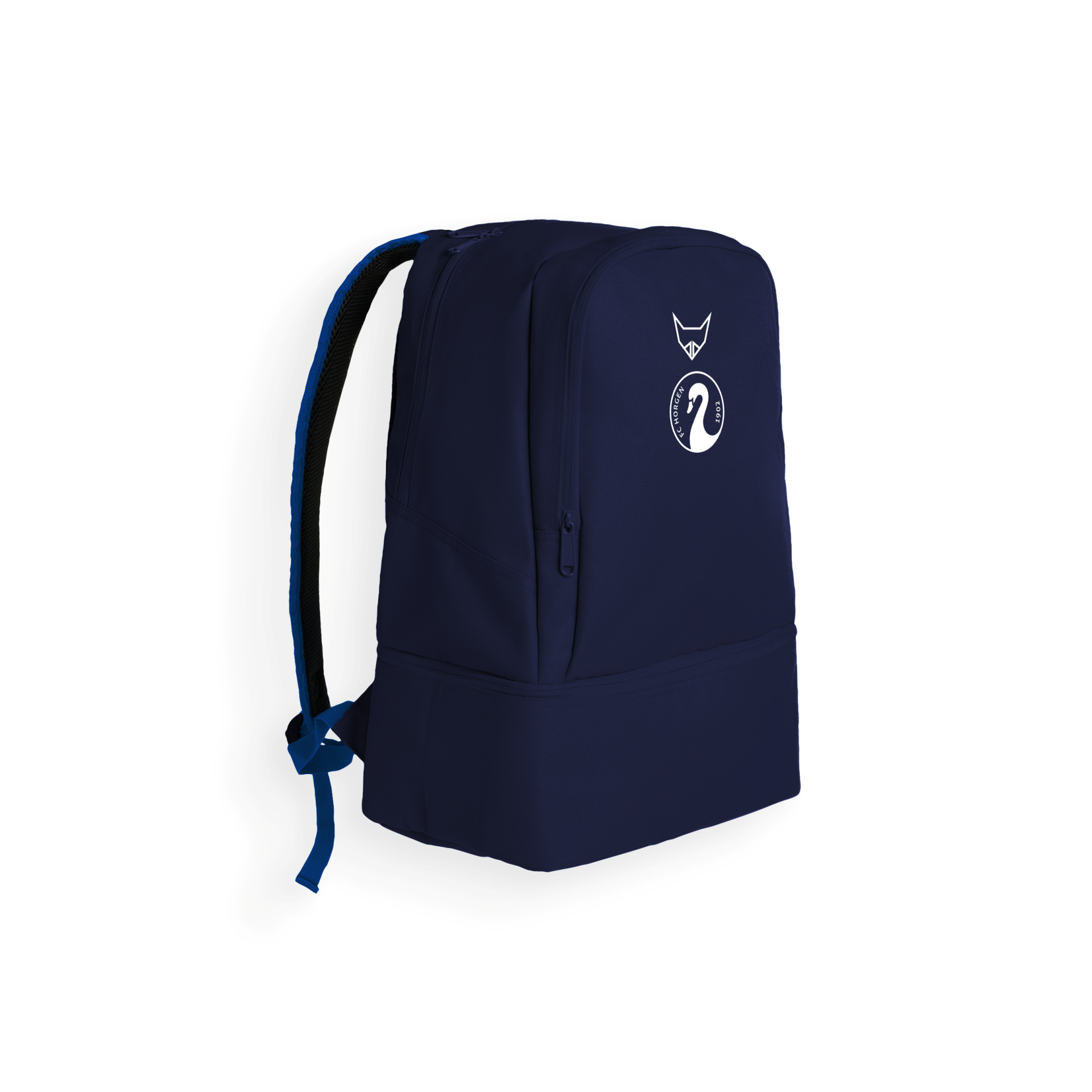 Dunkelblauer Rucksack mit Frontfach, Schulterriemen und weißem Vereinslogo KCH Green 2052 auf der Vorderseite