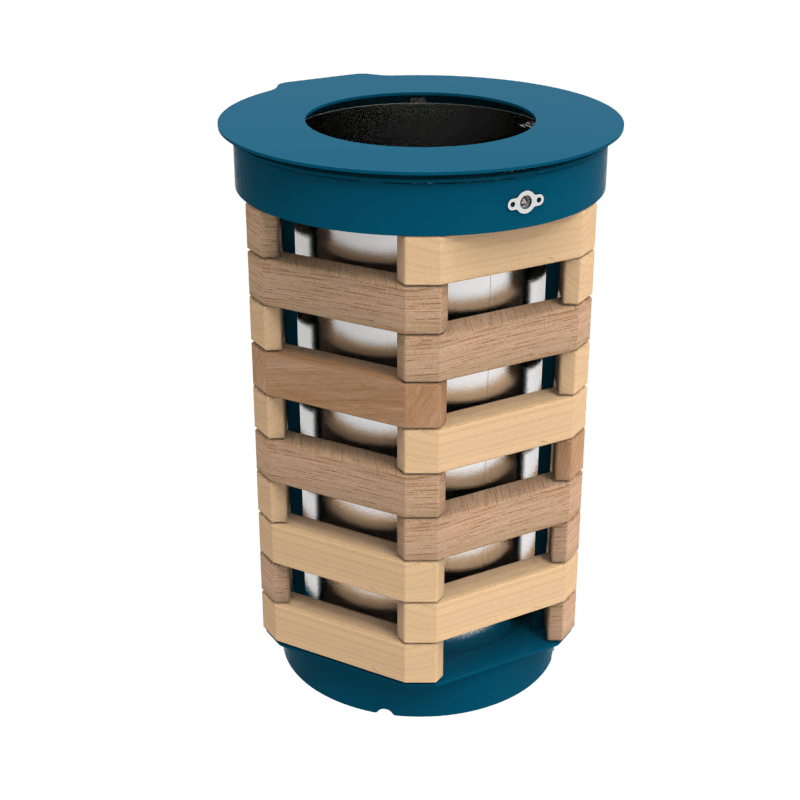 Barbecue au charbon de bois rond moderne avec un design unique en bois et un couvercle bleu