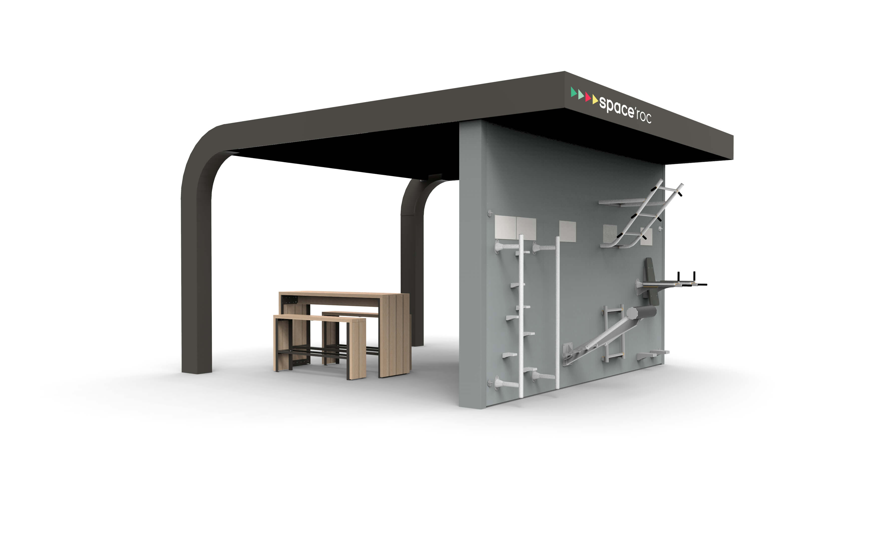 Ein moderner Outdoor-Fitnessbereich mit dunklem Dach, Kletterwand und Holztischen.