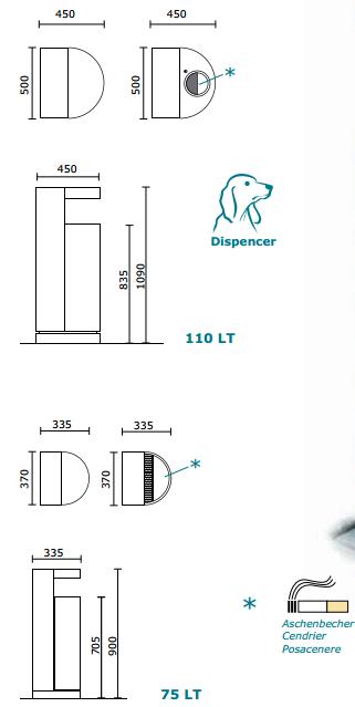 Dessins techniques avec dimensions pour un distributeur 110 LT avec symbole de chien et un cendrier 75 LT.