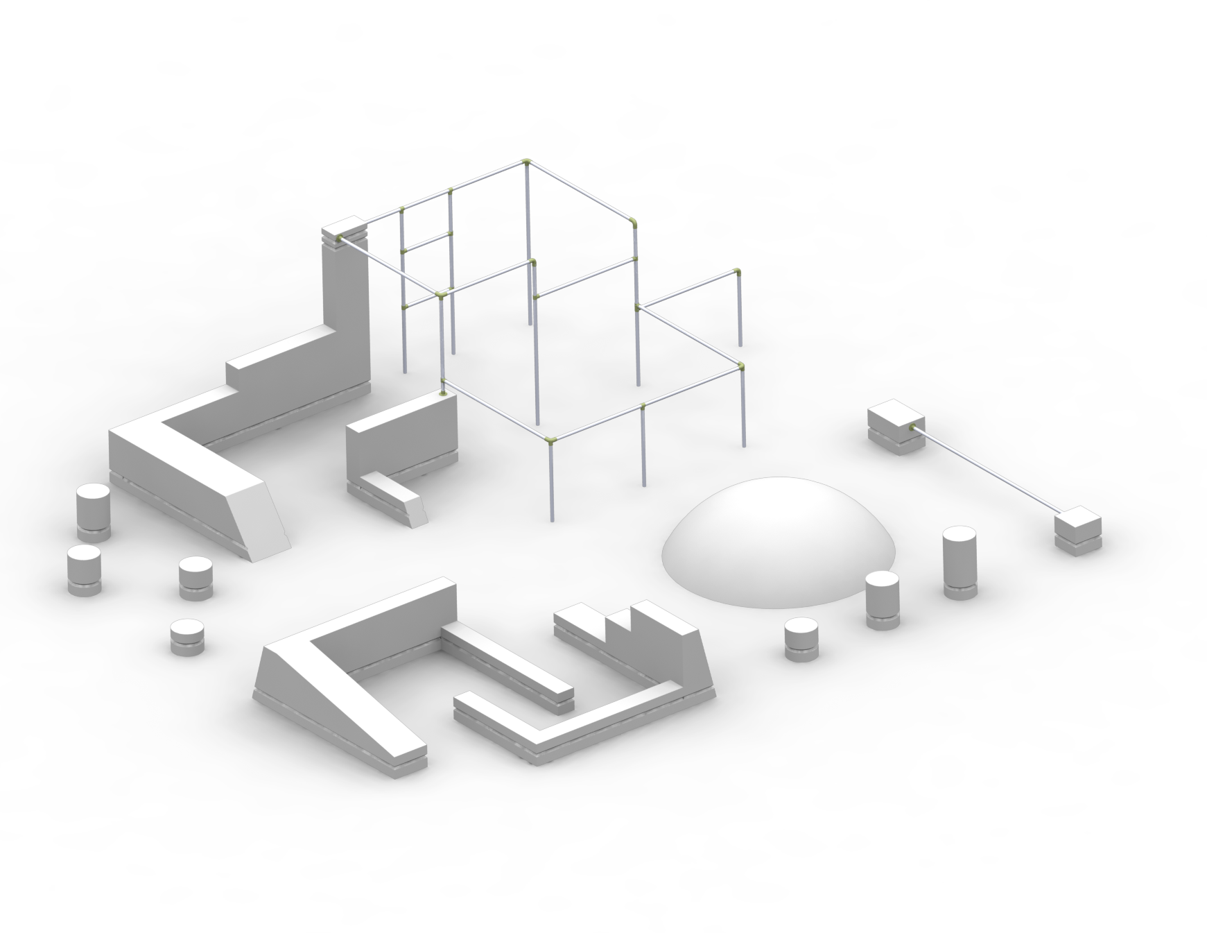 Représentation tridimensionnelle d'un ensemble géométrique blanc composé de cylindres, de cubes et de lignes sur un fond gris
