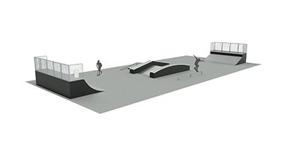 Graphique d'un skatepark modulaire avec différentes rampes, garde-corps et figures en action