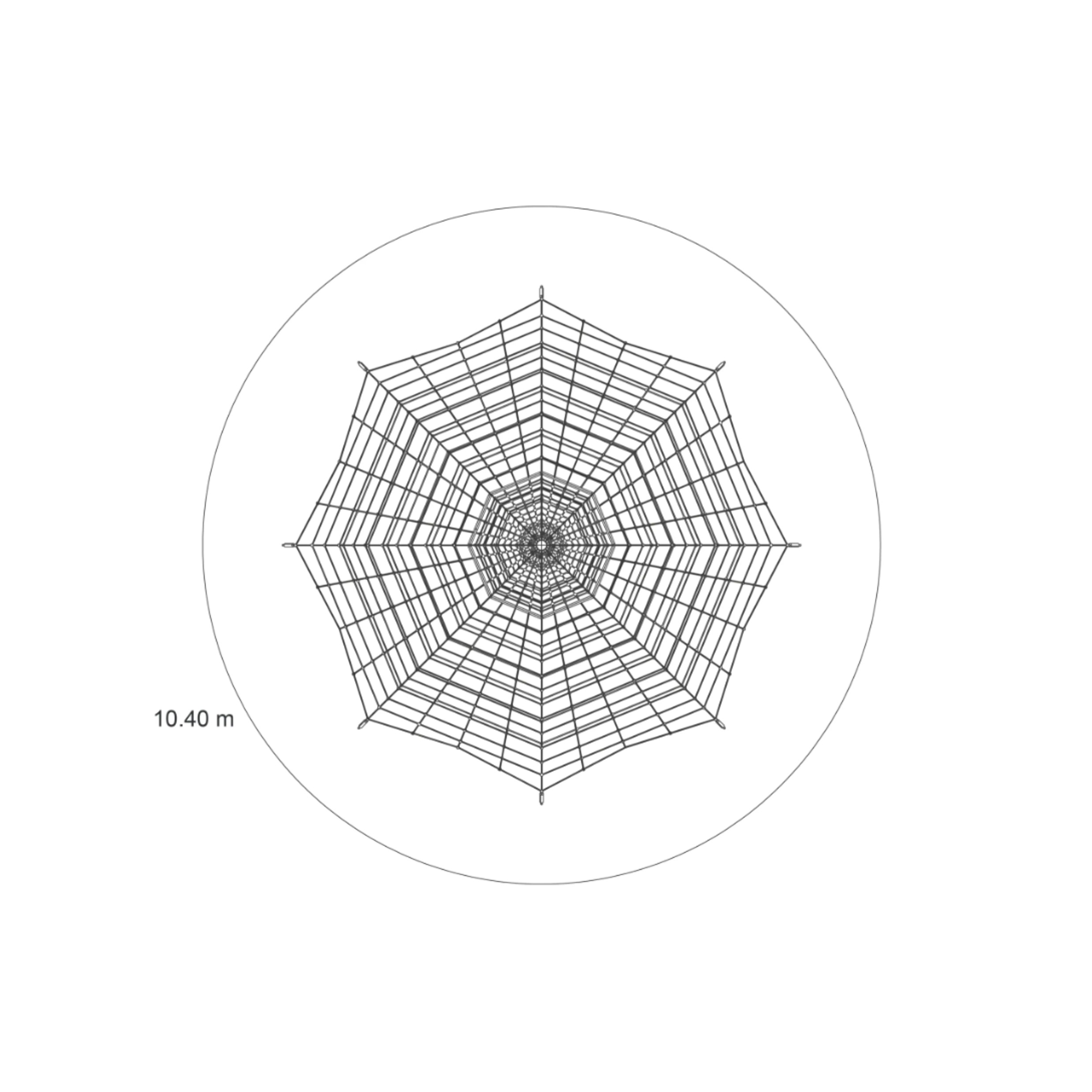 Draufsicht auf die Kletterpyramide Typ 550-95 von Ullman mit Netzboden, komplexer Herkules-Seilnetzstruktur und Kletterbereich von 10,40 m für Spielplatz