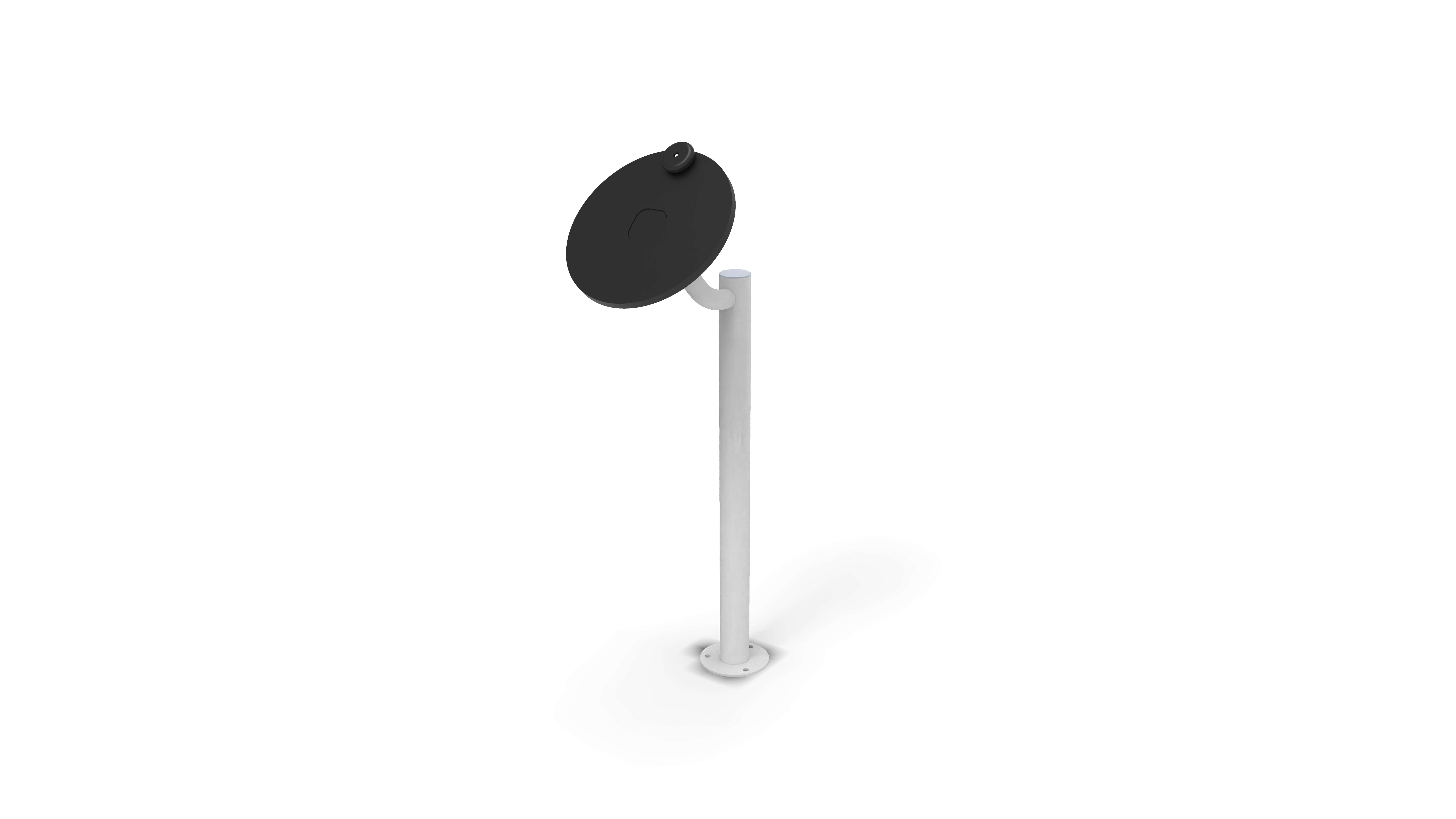 Un support à vélos noir avec un panneau rond, monté sur un pied gris. Convient pour l'extérieur.