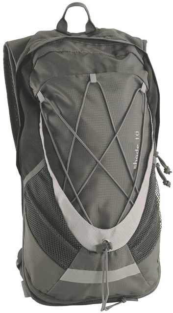 Grauer Rucksack mit Netzpanelen und Schnürung, ideal für Wanderungen und Outdoor-Aktivitäten
