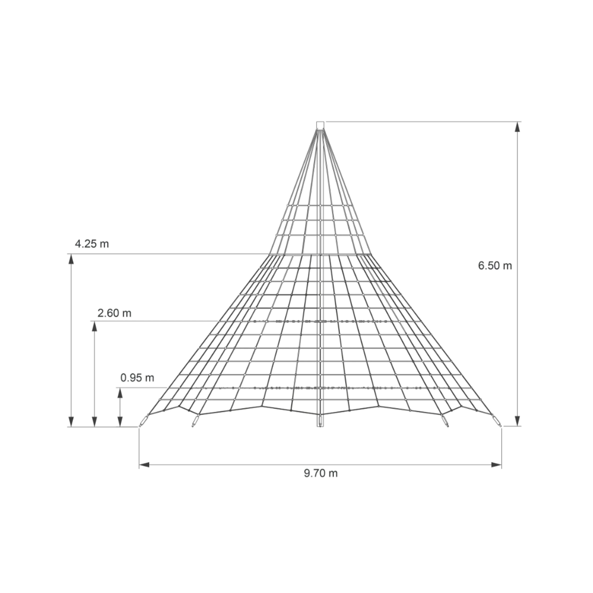 Technische Zeichnung einer Kegel-Kletterpyramide mit Netz, Breite 9,70 m und Höhe 6,50 m, mit markierten Ebenen bei 0,95 m, 2,60 m und 4,25 m