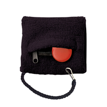Sac à poignet en tissu noir avec fermeture éclair rouge et mousqueton