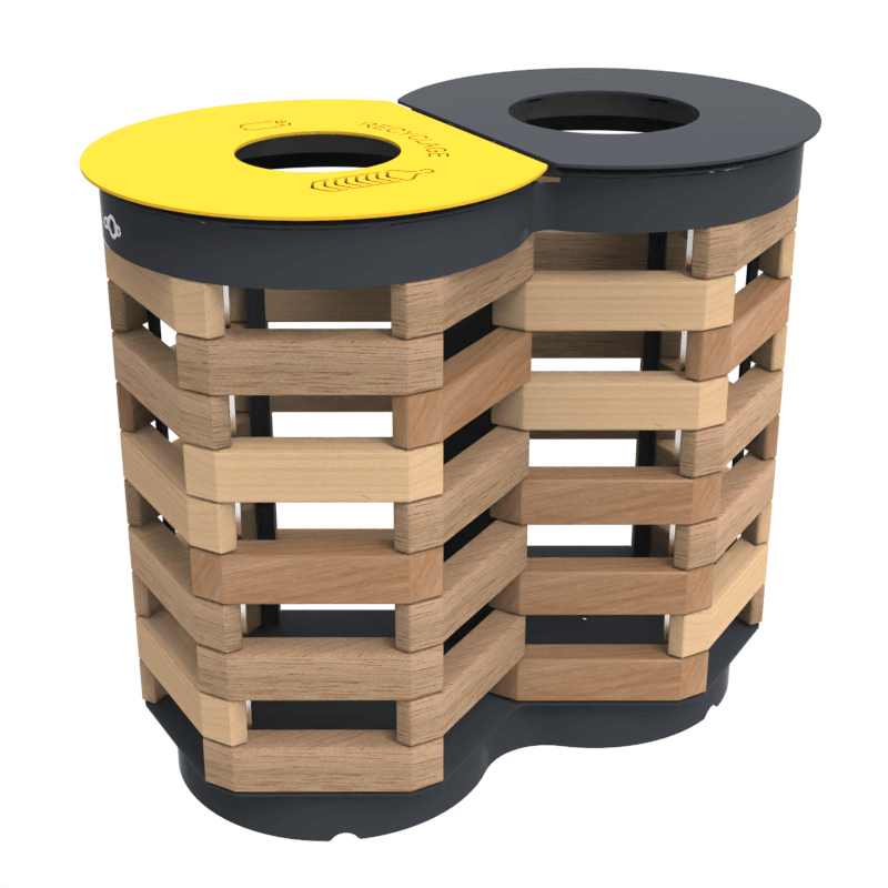 Poubelle en bois avec couvercle jaune pour le recyclage et couvercle noir pour les déchets résiduels