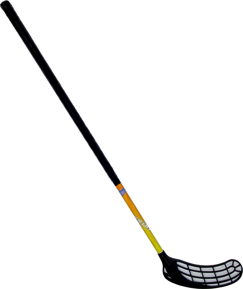 Unihockey-Schläger mit schwarzem Kopf und gelbem Griff auf weißem Hintergrund