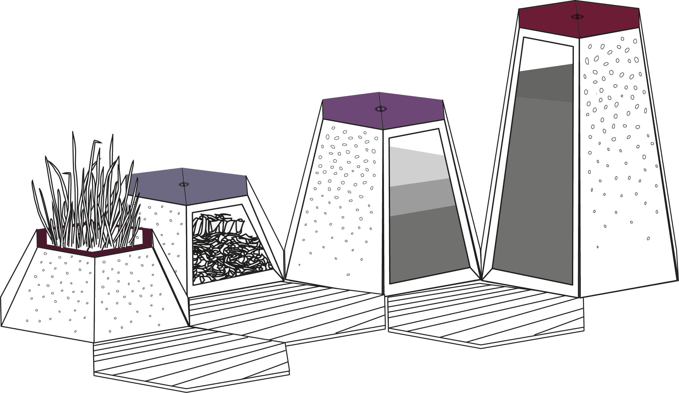 Illustration d'un ensemble de jardinières décoratives en béton pour l'intérieur et l'extérieur, composé de plusieurs éléments modulaires géométriques.