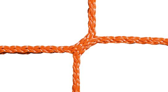 Nahaufnahme eines orangefarbenen Sicherheitsnetzes mit geknotetem Geflecht
