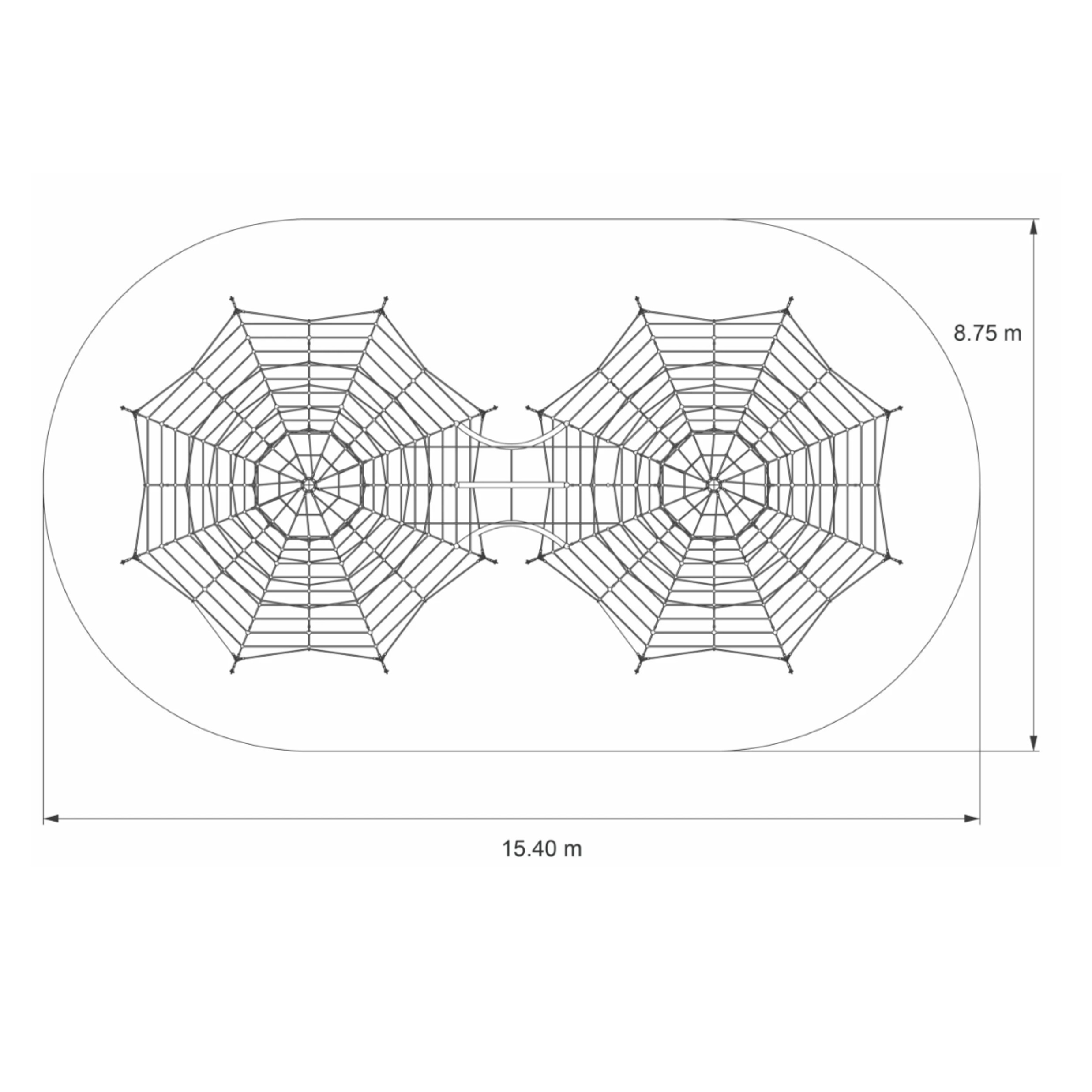 Technische Draufsicht der Ullman Kletterpyramide Typ 450-95 DUO mit Netzboden, zwei verbundene Kletternetze aus Herkules-Tauwerk, Gesamtabmessungen 15,40 x 8,75 m für Spielplatzplanung